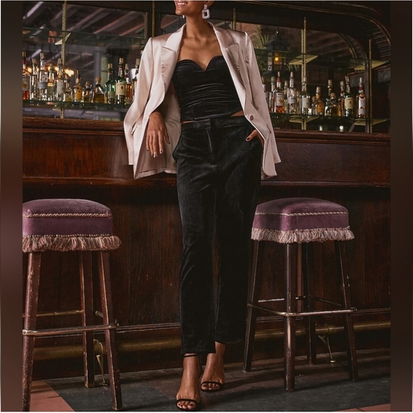 EXPRESS: High Waisted Velvet Cropped Trousers - Picture 8 of 10